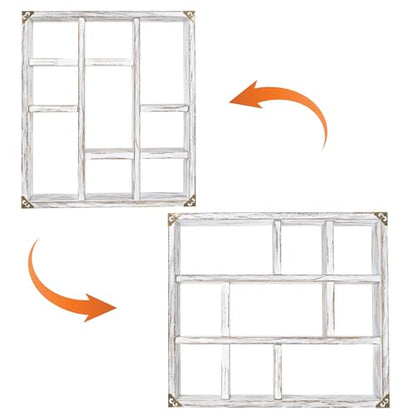 17.7x15.7-Inch Shadow Box Shelf 9-Slot Rustic Wood Floating Shelves Larger Shelf Lightweight Solid Wood Display(Set of 2,9C-Rustic White) - color: 9c-rustic White, size: 2 PCS