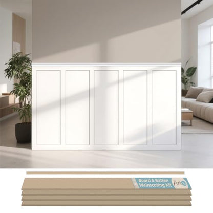 Art3d Premade Board and Batten Paintable Wainscoting Kit, MDF Accent Wall Panel for Kitchen Bedroom Living Room Home Decor Covers 189 x 54 in. Molding Trim Slat with Edge Strip - size: 189 x 54 Inch
