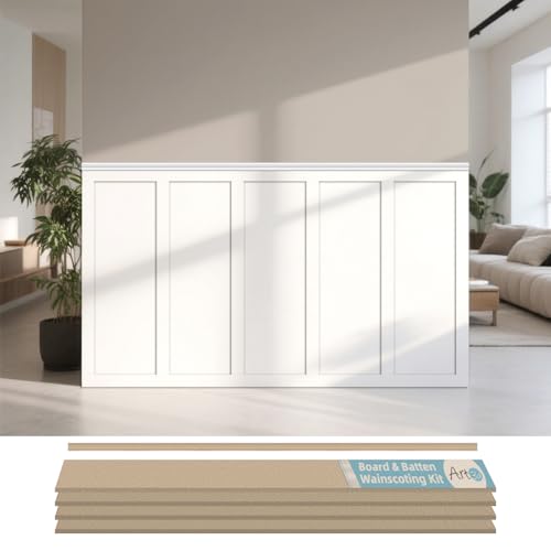Art3d Premade Board and Batten Paintable Wainscoting Kit, MDF Accent Wall Panel for Kitchen Bedroom Living Room Home Decor Covers 94.5 x 54 in. Molding Trim Slat with Edge Strip - size: 94.5 x 54 Inch