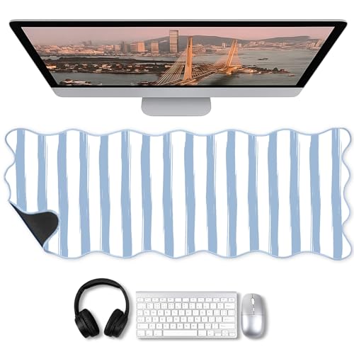 Copkim 1 Pcs Blue Scalloped Striped Desk Mat 31.5 x 11.8 Inch Large Cute Mouse Pad Computer Mat Non Slip Waterproof Rubber Base with Border Stitching Soft Keyboard Pad for Home Office Gaming Makeup - color: Blue, style: Strip