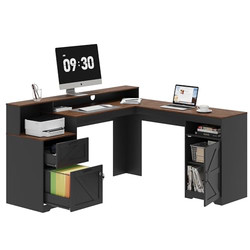 MALOL 63" Farmhouse L Shaped Executive Desk, Corner Computer Desk with Drawers & Storage Shelf, Home Office Desk with Power Outlet, Monitor Stand, Wood Grain Desktop, Black & Rustic Brown