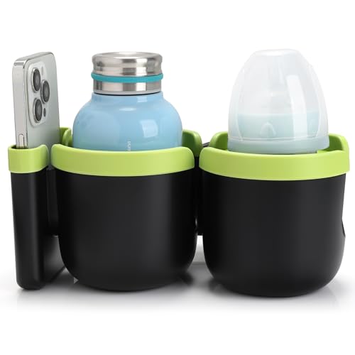 Accmor Stroller Cup Holder with Phone Holder, Bike Cup Holder, Universal Cup Holder for Uppababy Nuna Doona Strollers, 2-in-1 Cup Holder for Walker, Wheelchair, Scooter - color: Double Holder-Green