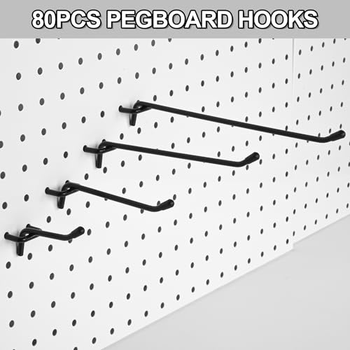 80 Pack 2/4/6/8 inch Heavy Duty Pegboard Hooks,Extra Thick 1/4" Black Peg Board Hooks for Hanging, Pegboard Accessories for Garage, Kitchen, Gym, Store Wall Organizer - size: 2/4/6/8inch- 80pcs (Heavy duty)