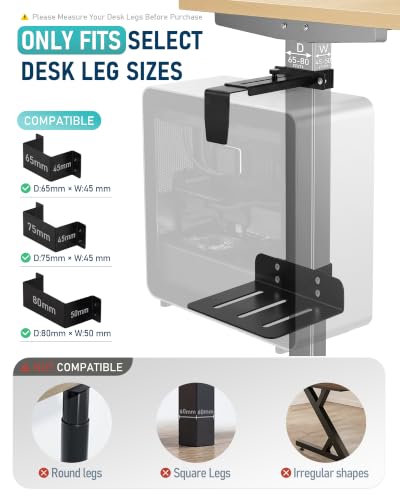 TOPSKY Adjustable Under-Desk PC Mount, No-Drill Computer CPU Holder for Standing Desks, Supports up to 50 lbs, Easy Installation, (Only Fits 80x50mm 75x45mm 65x45mm Desk Legs),Black - color: Black
