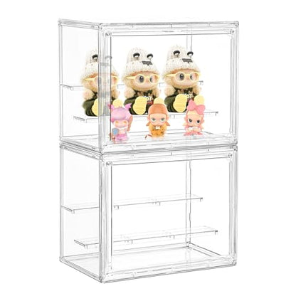 LXLXXL Small Acrylic Display Case for Collectibles 3 Layer Adjustable Display Case with Magnetic Door Clear Stackable Display Box for Mini Figures, 2 Pack - size: Small 2 Pack
