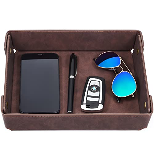 CASIRENA Faux Leather Valet Tray Organizer for Men - Catch-All Tray for Entryway Table Key, Wallet, Watch, Coin Change, Phone, Dresser EDC Dump Jewelry, Bedside Nightstand Desk-top Catchall - color: Coffee Brown, size: Rectangle