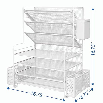 Simple Trending 7 Tier Desk File Organizer, Letter Tray Paper Organizer with Pen Holder and Metal Hanging Basket, White - color: Pen holder White