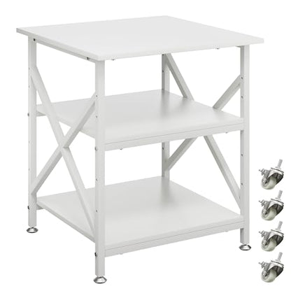 3 Tier Printer Stand, Large Table with Wheels, Rolling Cart with Height Adjustable Middle Storage Shelf, 23.6 x 23.6 x 30.3 Inches Shelf for Home Office, White - color: White