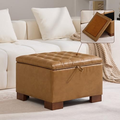 WUTUTUEE 24" Faux Leather Square Storage Ottoman with Wooden Tray, Modern Tufted Button Footstool Coffee Table, Upholstered Small Ottoman for Living Room, Bedroom, Brown - color: Brown-pu, size: 24 Inch