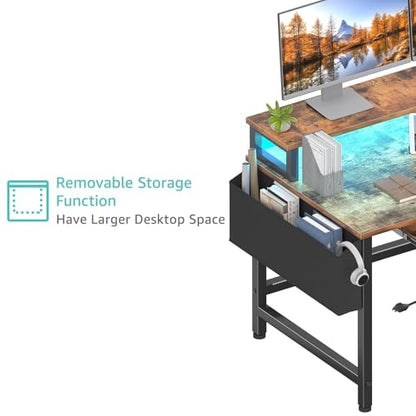 Lufeiya Gaming Desk with LED Lights and Power Outlets, 47 Inch Home Office Desks with Keyboard Tray, Computer Desk with File Drawers Cabinet, Writing Table PC Desks with Monitor Stand, Rustic Brown - color: Brown