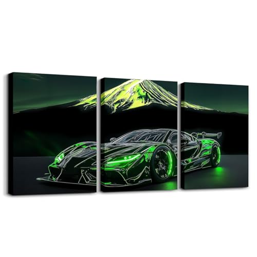 Extreme Sports Car Wall Art for Boys Green Race Car Canvas Wall Art Set of 3 Kids Racing Cars Poster Prints Boys Cool 3D Cars Decor Birthday Decorations for Toddler,12x16 - color: Green