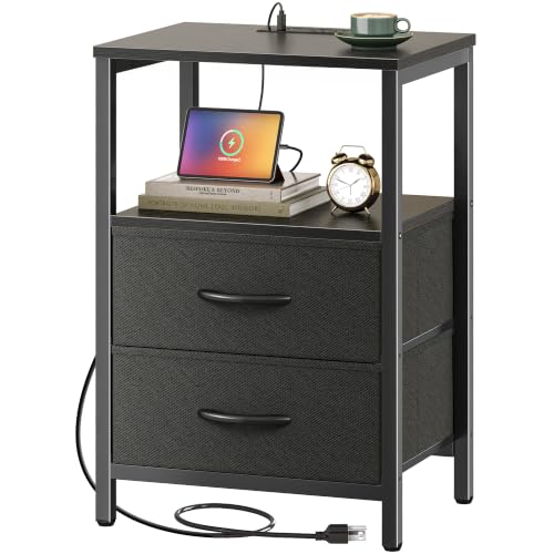 Huuger Nightstand with Charging Station, Side Table with 2 Fabric Drawers, End Table with Open Shelf, Bedside Table with USB-C Port and Outlets, Night Stand for Bedroom, Black - color: Black, size: 11.8"d X 15.7"w X 23.6"h (2 Drawers)