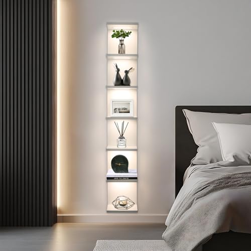 7 Tier Wall Shelves with Led Light, Lack Wall Shelf Unit, Vertical Shelf with Remonte Control,White Shelves - color: 7 Tier White