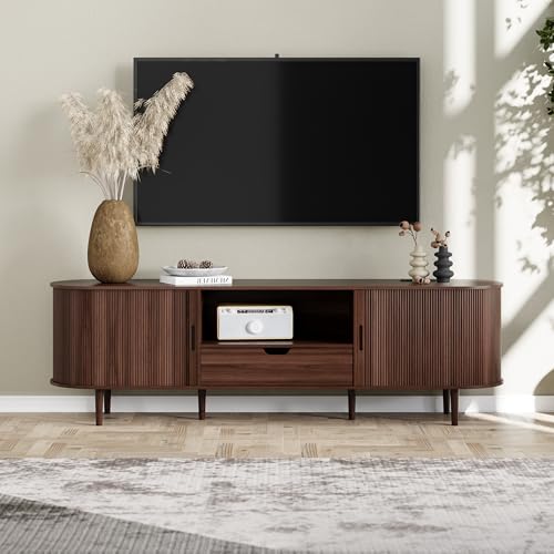 DHH 71" Fluted TV Stand with Power Outlet for TVs up to 80", TV Console with Adjustable Shelves and Sliding Door,Mid Century Modern Entertainment Center for Living Room,Bedroom (Walnut, 71Inch)