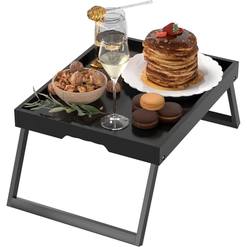 Bamboo Bed Tray Table with Foldable Legs, Breakfast in Bed Tray for Eating, Kitchen Serving Trays, Folding Table for Sofa, Beds, Eating, Working, Used As Laptop Desk Snack Trays, Black - color: Black, size: Medium