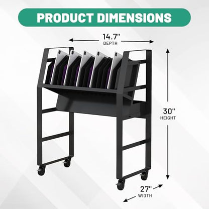 Black Mobile Open Storage Cart with Wheels and 16 Devices for iPads,Chromebooks & Laptop Computers,Removable Dividers,Office,Surge Protection Station Rack