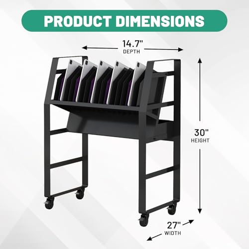 Black Mobile Open Storage Cart with Wheels and 16 Devices for iPads,Chromebooks & Laptop Computers,Removable Dividers,Office,Surge Protection Station Rack