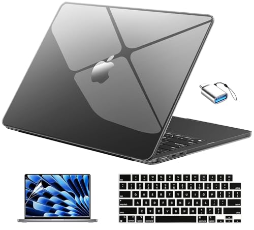 EooCoo Compatible with MacBook Air 13 inch Case M5 2026-2022 M4 M3 M2 Model A3449 A3240 A3113 A2681, Mac Air 13.6 inch Hard Shell & Keyboard Cover & Screen Film & Type-C, Crystal Black - color: Crystal Black