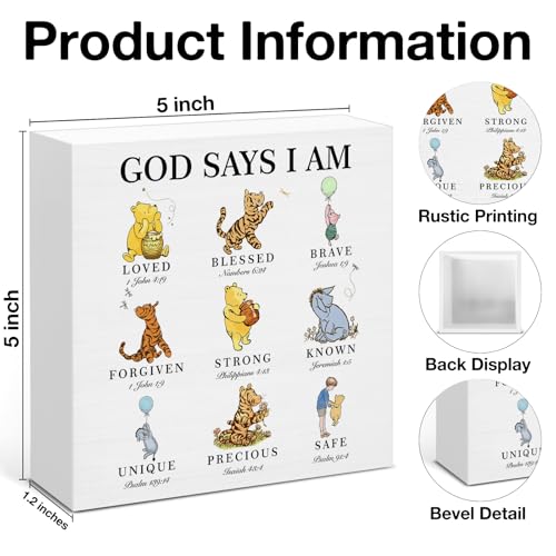 Pooh Bear Christian Decor, Inspirational Gifts for Kids Teen God Says I Am Wooden Sign for Nursery Classrooms Bedroom Shelf, Bible Verse Decorations 5 x 5 Inches - color: GOD
