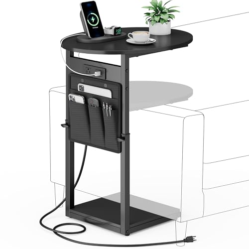 Vagusicc C Shaped End Table with Charging Station, 32" Tall Side Table for Couch and Recliner, Adjustable Height Small Couch Side Table Slide Under Sofa TV Tray Table for Living Room, Bedroom, Black - color: Black, style: Charging Station