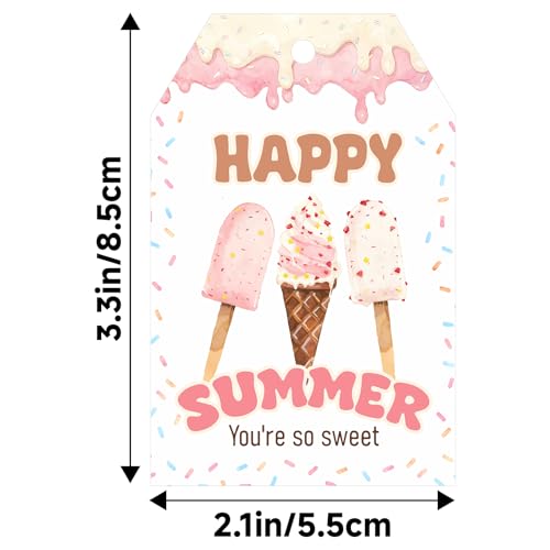 G2PLUS Summer Gift Tags with String - 50Pcs Happy Summer Tags Ice Cream End of School Year Teachers Appreciation Hanging Label for Gift Wrapping, Classroom Treat Bags, Party Favors - style: Ice Cream Happy Summer