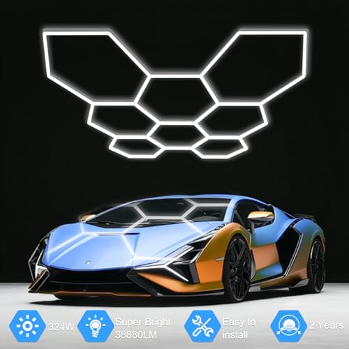 MODERN Hexagon Garage Light: Higher Brightness 38880 Lumens Honeycomb Garage Light, 8 Grid Systems 6500K, Hexagon Garage Grid Lighting for Garage, Gym, Car Detailing Shop etc. - size: 8 HEX without Border