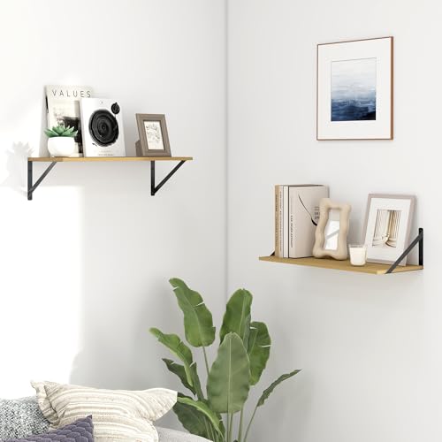 Fun Memories Deep Floating Shelves for Wall, 24W x 8D Wall Mounted Shelves Set of 2, Wide Display Ledge Shelf with Sturdy Metal Brackets for Living Room, Bathroom, Bedroom and Kitchen, Oak - color: A-oak, size: 24"w x 8"d
