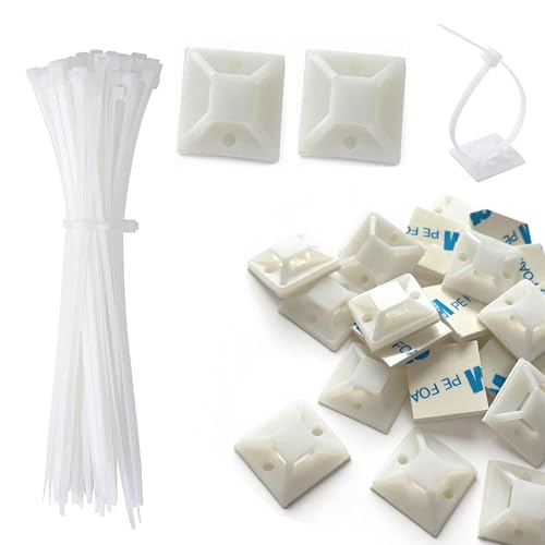 Strong Back-Glue Self Adhesive Cable Zip Tie Mounts Kit - 50 Set Cable Management Clips with 6" Zip Ties, Wire Holders - Outdoor Sticky Wire Organizer Clips-White - color: White, size: 50 Set