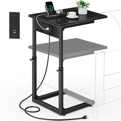 Vagusicc C Shaped End Table with Charging Station, 33"Tall C-Table End Table Adjustable Height Side Table for Couch, Couch Table That Slide Under Sofa Table TV Tray Table for Living Room,Bedroom,Black - color: Black, style: Charging Station