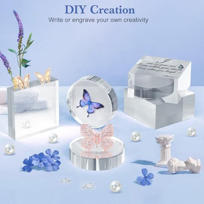 SAMYUCHO Acrylic Blocks 3 X 3 X 1 Inch 4 Pcs Acrylic Base Stand for Display Clear Block Round Riser Display Stands Pedestal Polished Cube for Jewelry trophy Props Collection Ring