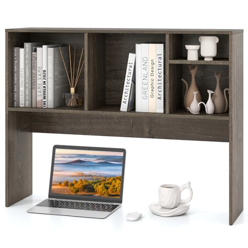 Tangkula Desktop Bookshelf, Countertop Storage Hutch with 4 Shelves for Computer Desk, Desktop 2-Tier Display Rack, Multipurpose Wood Desk Hutch Storage Organizer for Dorm Office Home - color: Grey, size: 4 Shelves