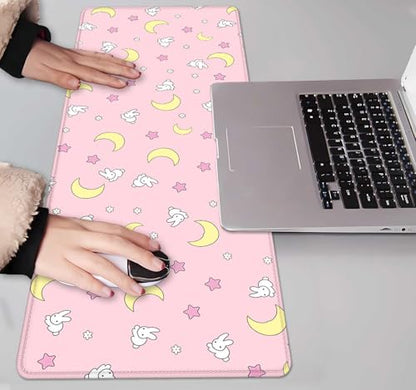 IMAYONDIA Pink Kawaii Desk Pad, Cute Moon Bunny Desk Mat Computer Pad Desktop,Laptop Protector Aesthetic Anime Mousepad Writing Pad for Office Home School,Large Gaming Mouse Pad Tarot Mat,31.5 X 11.8 - color: Pastel Moon Bunny