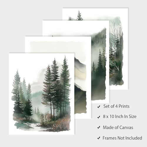 DOODLREAM 4 Pack Mountain Forest Unframed Waterproof Canvas Wall Relaxing Art Decor, 8" x 10" Watercolor Natural Landscape Canvas Wall Poster for Home Office Bathrooms Bedrooms Living Room Decor