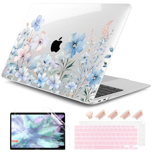 DONGKE Compatible with MacBook Air 13 inch Case 2021 2020 2019 2018 Release A2337 M1 A2179 A1932 with Retina Display & Touch ID, Plastic Hard Shell & Keyboard Cover - Blue Flowers - color: Blue Flowers