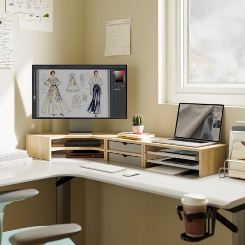 Fenge Dual Monitor Stand, 2-Tier Corner Monitor Riser with Drawer and Slide-out Tray, Triangle Desktop Shelf Organizer for Laptop Computer Printer Home Office Desk, Oak - color: Oak