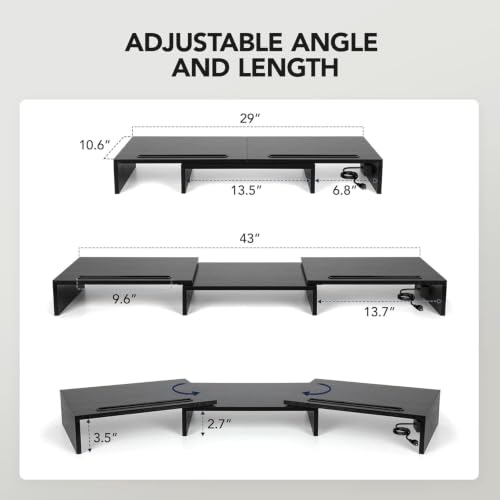 HUANUO Dual Monitor Stand -Monitor Stand with USB ports ,Adjustable Length and Angle, Dual monitor riser w/ Desktop Socket, Monitor Stand Riser for PC, Computer, Laptop (Black)