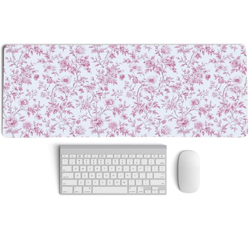 Pink Chinoiserie Mouse Pad,Vintage Pink and White Floral Desk Mat,XL Large Vintage Flowers Preppy Mouse Pad,Girly Laptop Desk Mat for Dorm Home Office,31.5x11.8 Inch - color: XL Pink Floral