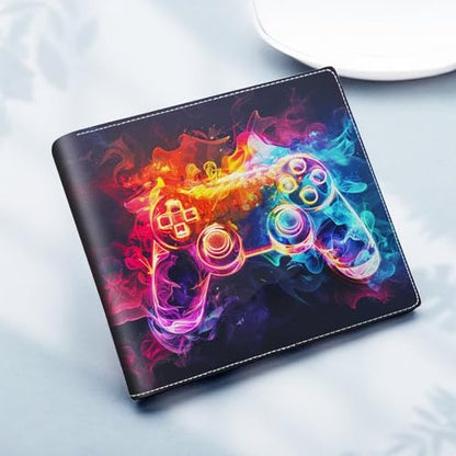 EXXBYELI Boys Novelty Wallets Game Controllers Pattern, Funny Boys Gamer Wallets for Kids Ages 5-7 8-10 9-12 13-15 with Credit Id Card Cash Holder Black Rfid Blocking Zipper For Teen Birthday Gifts - color: game-Purple blue gamepad