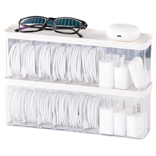 Charger Cable Cord Storage Organizer Box - 2 Pack With Lid - Easy Storage Without Cable Ties - style: Stackable