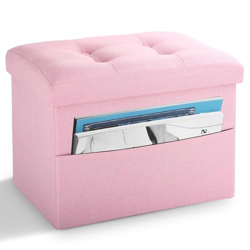 LINMAGCO Storage Ottoman Folding Foot Stool Foot Rest with Side Pocket Modern Ottoman with Storage Short Sofa Stool Linen Cloth 17x13x13(Pink) - color: Pink(linen), size: 13"D x 17"W x 13"H