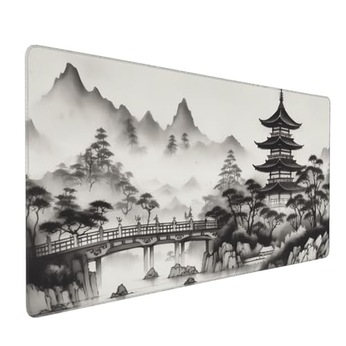 Extra Large Mouse Pad, Chinese Ink Wash Painting Design, 35.4x15.7 Inches, Gaming Keyboard Pad with Stitched Edges and Anti-Slip Rubber Base - color: tower