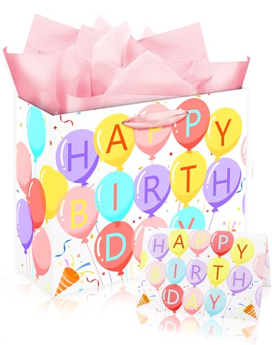 Woohookaka 13" Balloon Birthday Gift Bag for Women & Kids, Large Happy Birthday Party Supplies with Tissue Paper & Card, Premium Quality Gift Bag for All Occasions - color: Balloon1