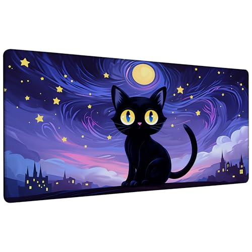 Black Cat Under Purple Starry Night Gaming Mouse Pad Large Desk Mat Extended Keyboard Anime Mousepad with Non-Slip Base and Stitched Edge for Desk Home Office Gaming,35.4 x 15.7 Inch - color: Black Cat under Purple Starry Night, size: 15.7*35.4inch