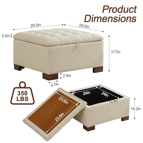 WUTUTUEE 30" Fabric Square Storage Ottoman with Wooden Tray, Modern Tufted Button Footstool Coffee Table, Upholstered Large Ottoman for Living Room, Bedroom, Khaki - color: Khaki, size: 30 Inch