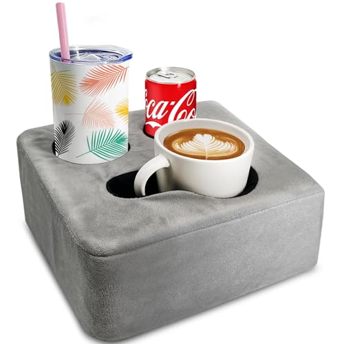 Couch Cup Holder Pillow Tray & Caddy - for Sofa, Bed, Car, Man Cave | Keep Drinks at Hand & Spill-Proof Accessories for New Parents, Camping, Park, Boat, Beach, Bathroom Cup Holder, Gray - color: Light Gray, size: 9.4" x 9.4" x 3.9"