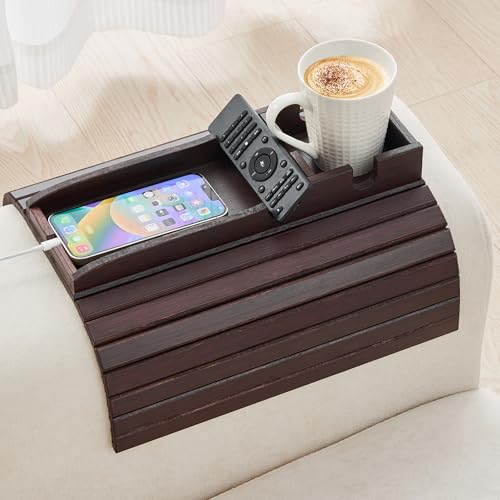 GEHE Bamboo Couch Cup Holder, Anti-Spill Sofa Arm Tray, Natural and Easy to Clean Couch Arm Cup Holder Armrest Tray Perfect for Cups, Beers, Snacks, Remote Control, Drinks - color: Deep Mahogany