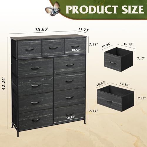 WLIVE Tall Dresser for Bedroom, Fabric Dressers Storage Tower, Dresser & Chest of Drawers with 11 Drawers, Storage Cabinet, Hallway, Closets, Steel Frame, Wood Top, Charcoal Black Wood Grain Print - color: Charcoal Black Wood Grain Print