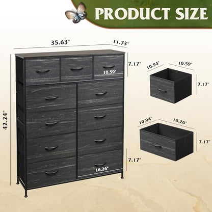 WLIVE Tall Dresser for Bedroom, Fabric Dressers Storage Tower, Dresser & Chest of Drawers with 11 Drawers, Storage Cabinet, Hallway, Closets, Steel Frame, Wood Top, Charcoal Black Wood Grain Print - color: Charcoal Black Wood Grain Print