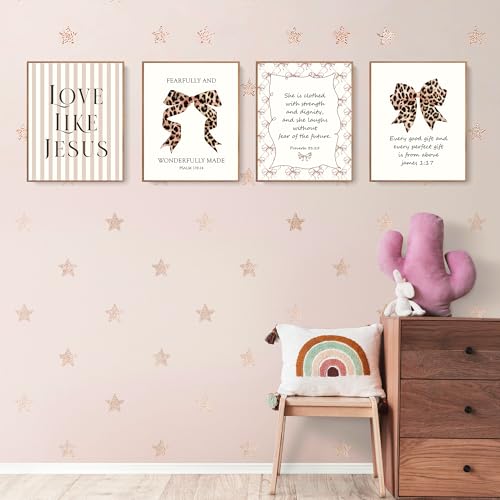 LARTSFRO Coquette Leopard Bow Jesus Wall Art Decor Posters, Y2K Cheetah Leopard Bow Room Bedroom Bathroom Dorm Wall Art Decor Aesthetic for College Teen Girls Gifts, Inspirational Bible Verses Bow Wall Decor, 10x8 Inch Set of 4 Pcs Cheetah Bow Pictures (U