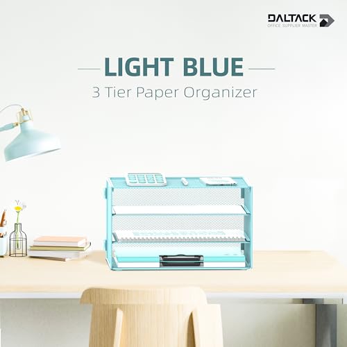 DALTACK 3 Tier Letter Tray Paper Organizer for Desk, Mesh Metal Desk File Organizer with Sliding Trays for Letter/A4 Paper, Mail, Bills & Folders, Blue - color: Blue